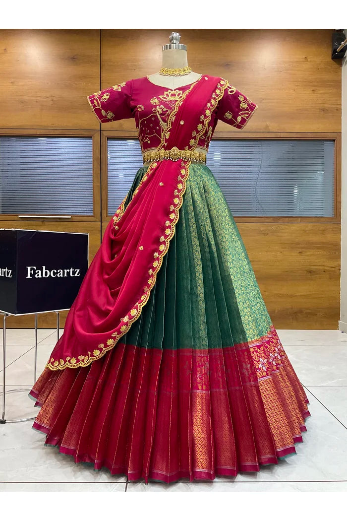 Beautiful South Indian Style Half Saree with Embroidery Blouse and Dupatta for Women | Gomati