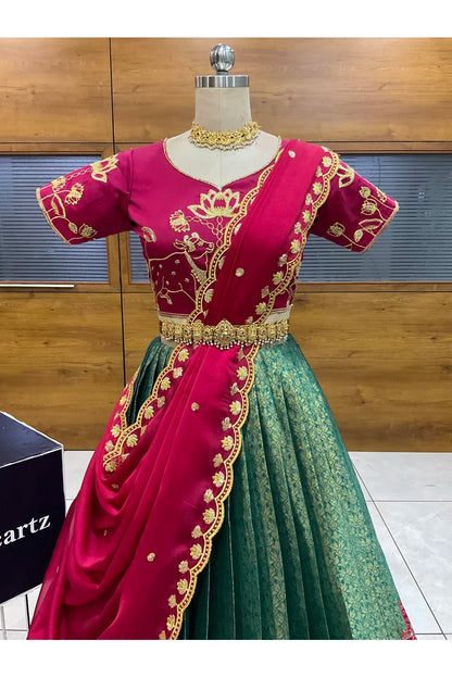 Beautiful South Indian Style Half Saree with Embroidery Blouse and Dupatta for Women | Gomati