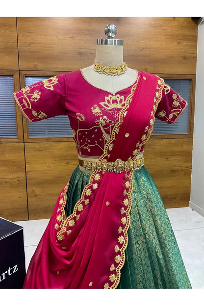 Beautiful South Indian Style Half Saree with Embroidery Blouse and Dupatta for Women | Gomati