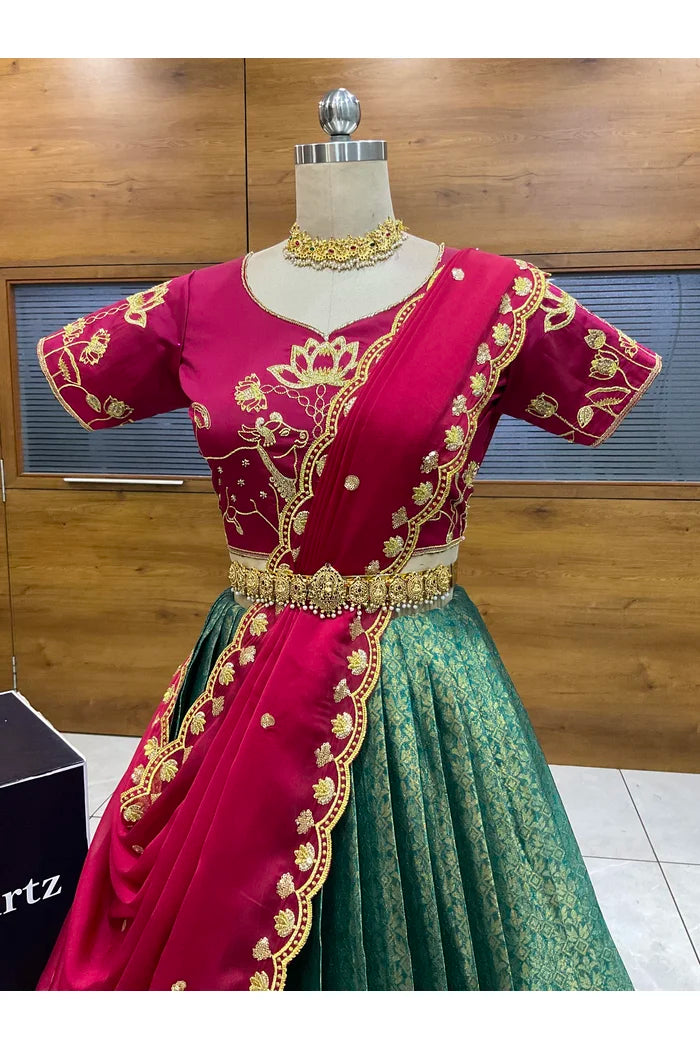 Beautiful South Indian Style Half Saree with Embroidery Blouse and Dupatta for Women | Gomati