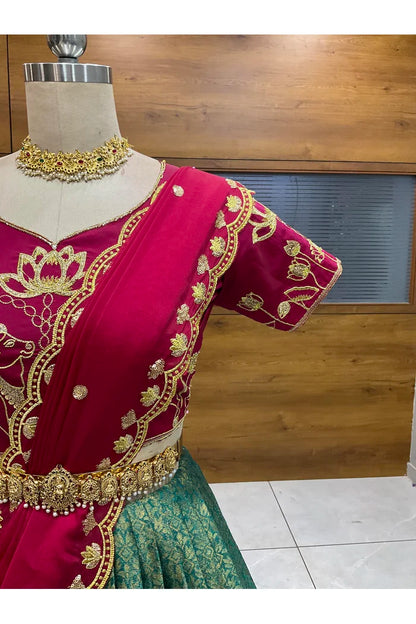 Beautiful South Indian Style Half Saree with Embroidery Blouse and Dupatta for Women | Gomati