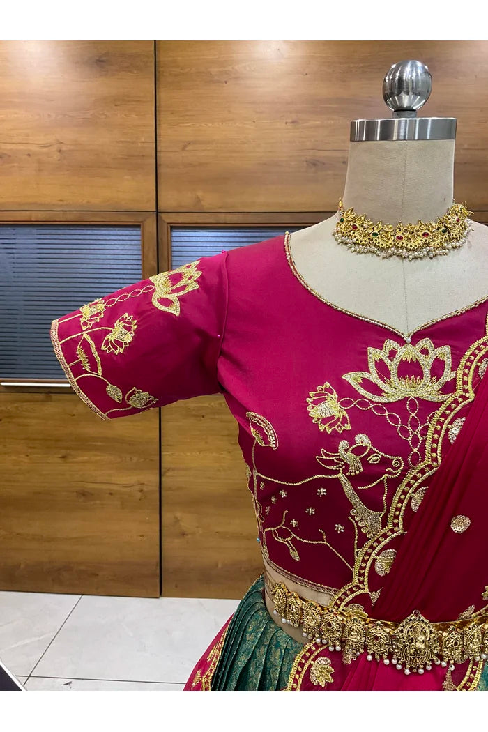 Beautiful South Indian Style Half Saree with Embroidery Blouse and Dupatta for Women | Gomati