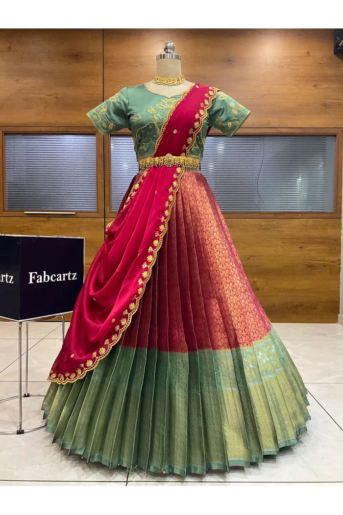 Beautiful South Indian Style Half Saree with Embroidery Blouse and Dupatta for Women | Gomati
