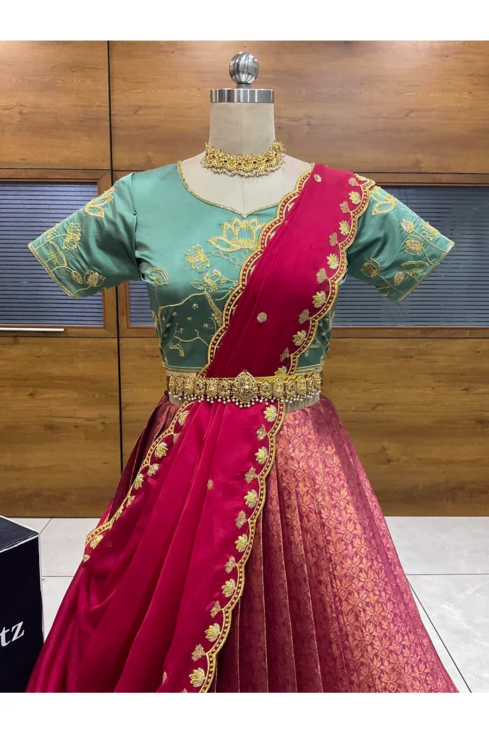 Beautiful South Indian Style Half Saree with Embroidery Blouse and Dupatta for Women | Gomati