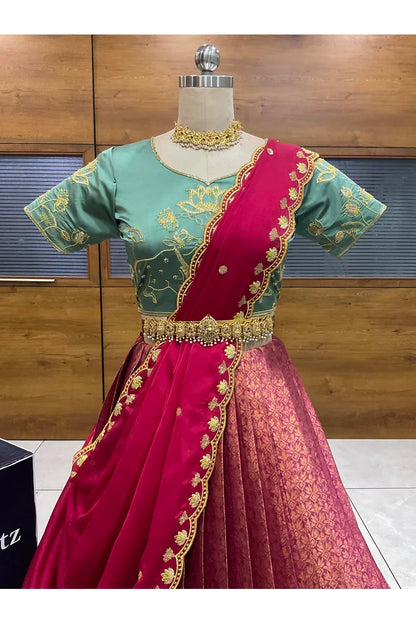 Beautiful South Indian Style Half Saree with Embroidery Blouse and Dupatta for Women | Gomati
