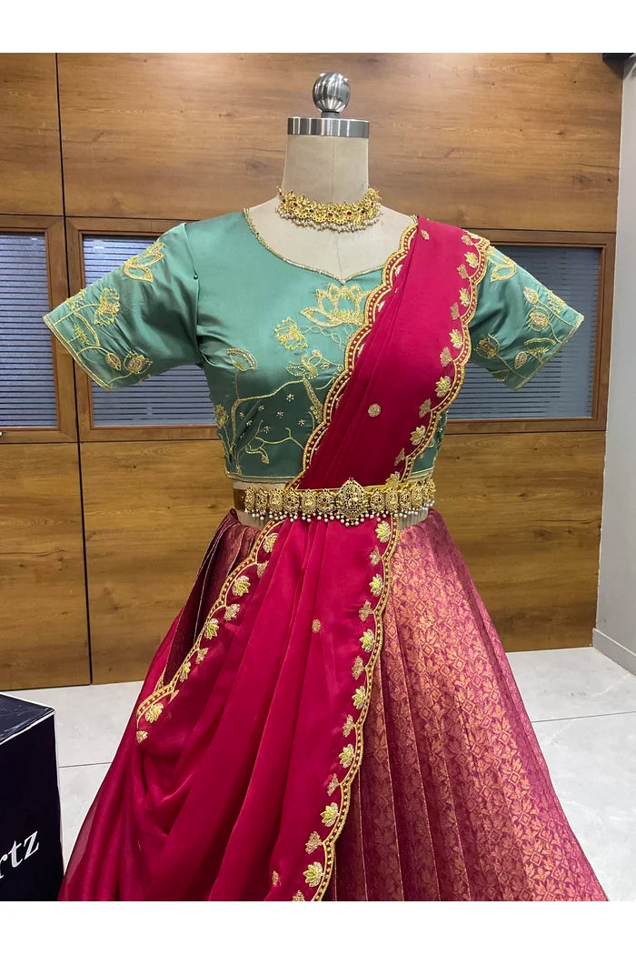 Beautiful South Indian Style Half Saree with Embroidery Blouse and Dupatta for Women | Gomati