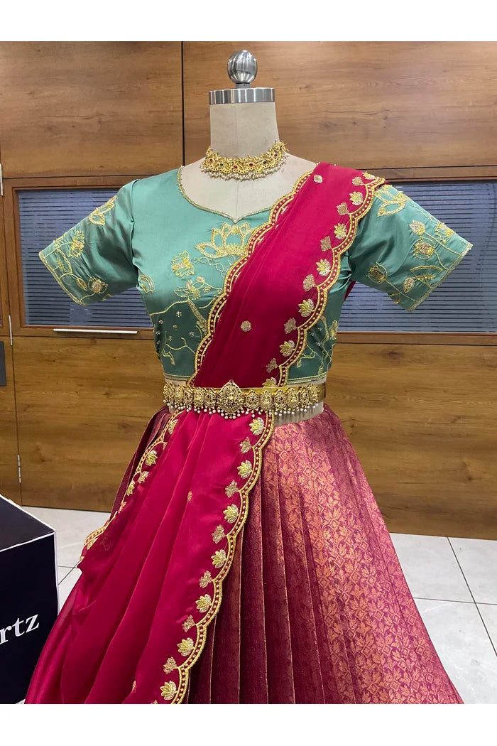 Beautiful South Indian Style Half Saree with Embroidery Blouse and Dupatta for Women | Gomati