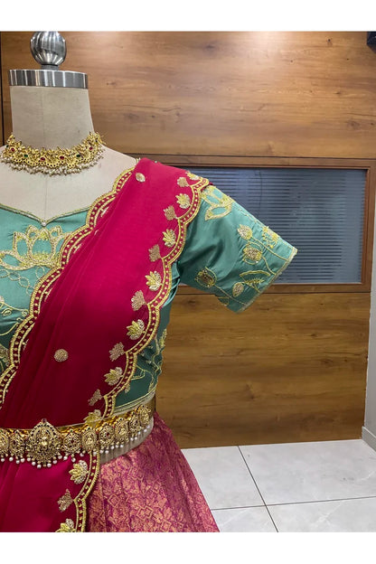Beautiful South Indian Style Half Saree with Embroidery Blouse and Dupatta for Women | Gomati