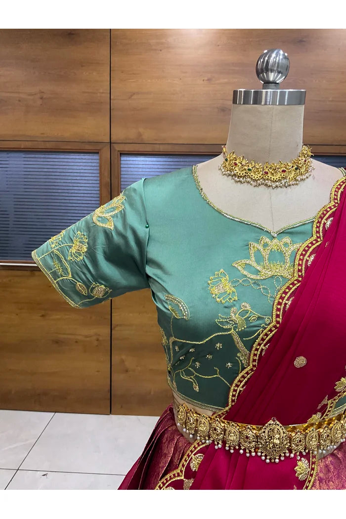 Beautiful South Indian Style Half Saree with Embroidery Blouse and Dupatta for Women | Gomati
