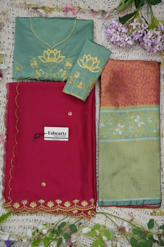 Beautiful South Indian Style Half Saree with Embroidery Blouse and Dupatta for Women | Gomati