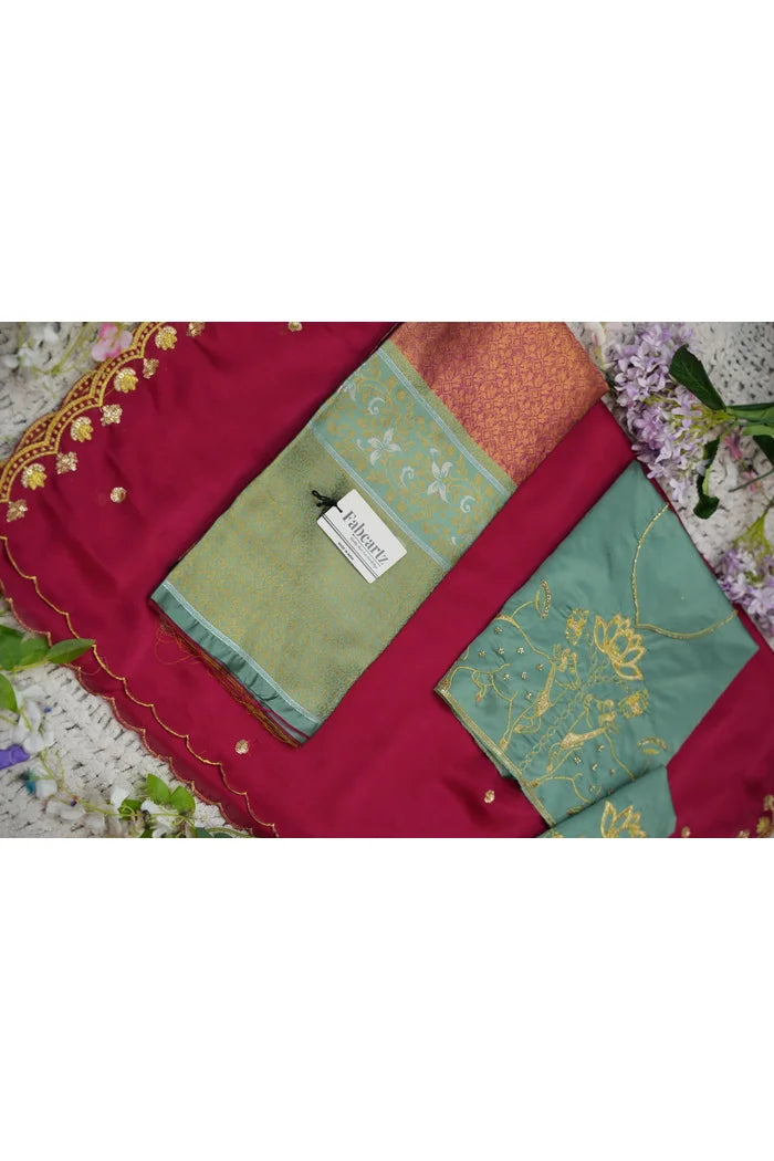 Beautiful South Indian Style Half Saree with Embroidery Blouse and Dupatta for Women | Gomati