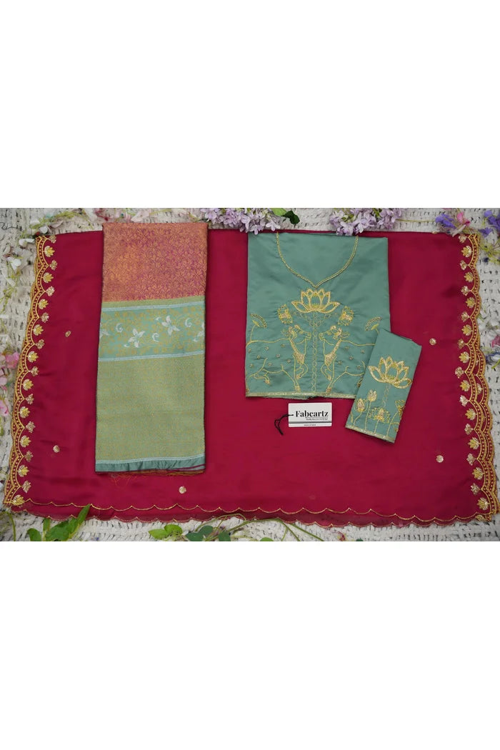 Beautiful South Indian Style Half Saree with Embroidery Blouse and Dupatta for Women | Gomati
