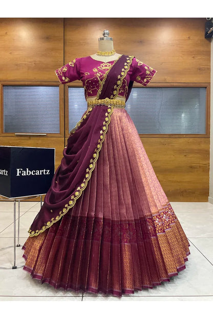 Beautiful South Indian Style Half Saree with Embroidery Blouse and Dupatta for Women | Gomati