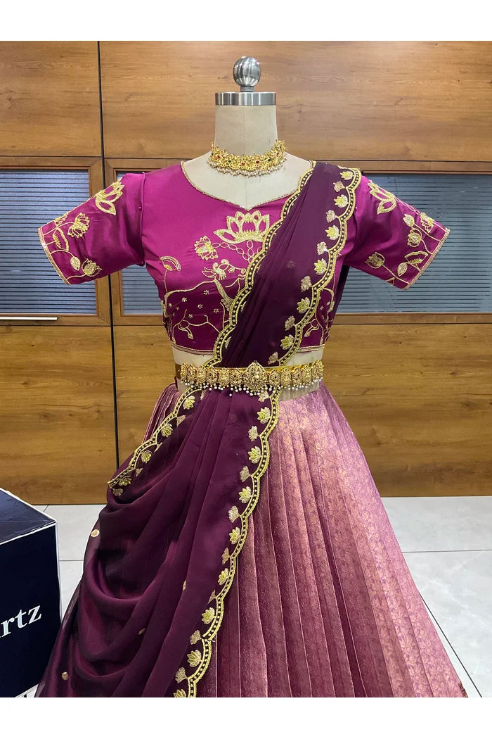 Beautiful South Indian Style Half Saree with Embroidery Blouse and Dupatta for Women | Gomati