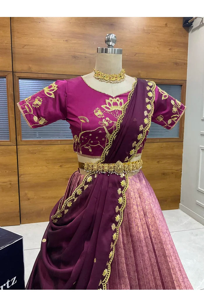 Beautiful South Indian Style Half Saree with Embroidery Blouse and Dupatta for Women | Gomati