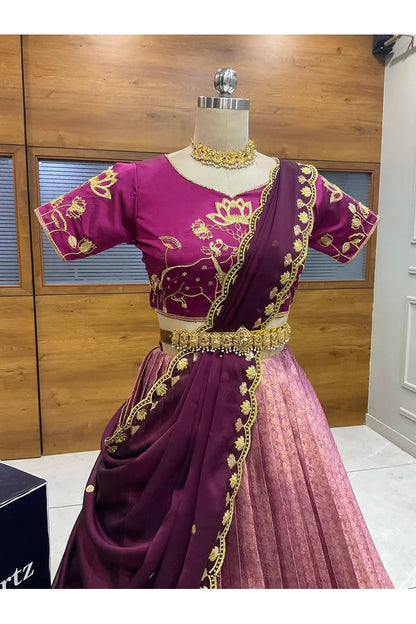 Beautiful South Indian Style Half Saree with Embroidery Blouse and Dupatta for Women | Gomati