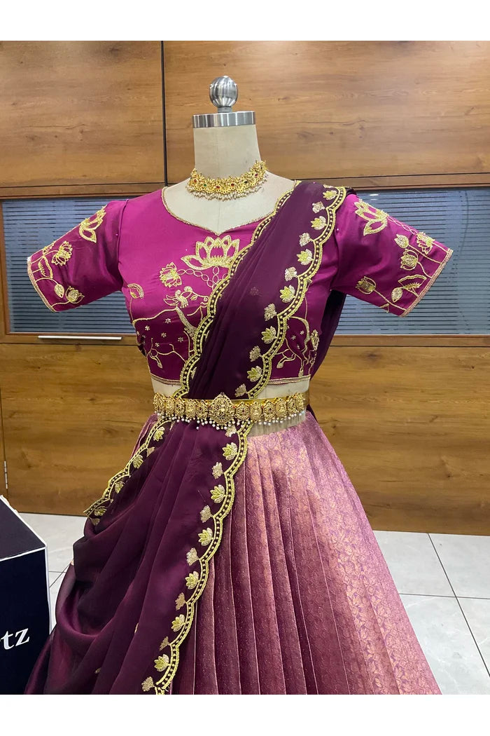 Beautiful South Indian Style Half Saree with Embroidery Blouse and Dupatta for Women | Gomati