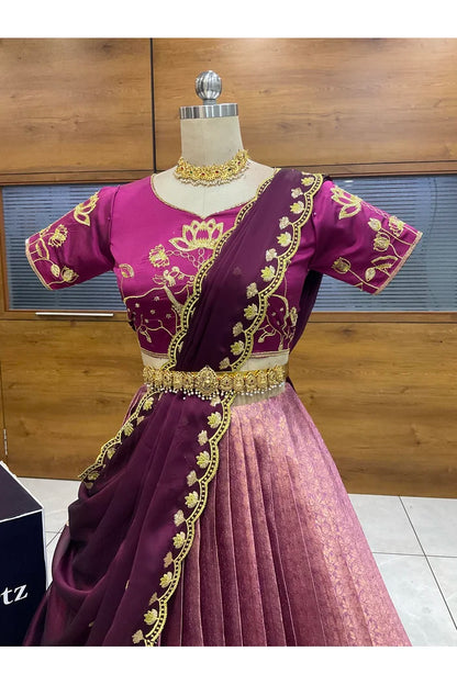 Beautiful South Indian Style Half Saree with Embroidery Blouse and Dupatta for Women | Gomati