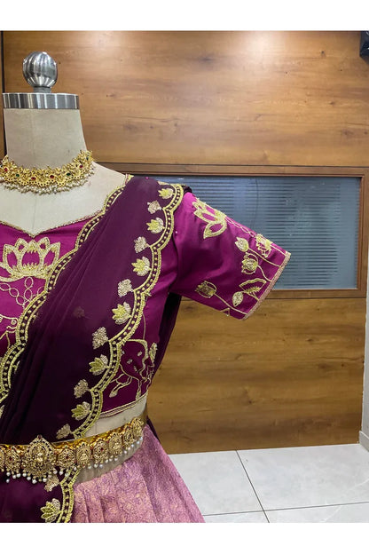 Beautiful South Indian Style Half Saree with Embroidery Blouse and Dupatta for Women | Gomati