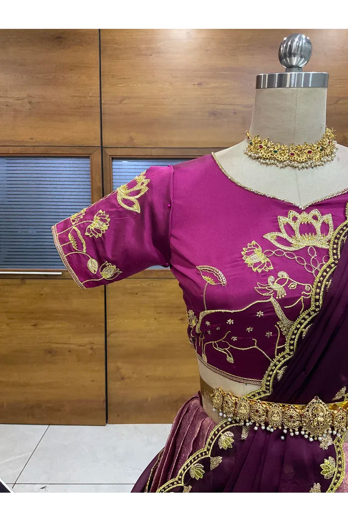 Beautiful South Indian Style Half Saree with Embroidery Blouse and Dupatta for Women | Gomati