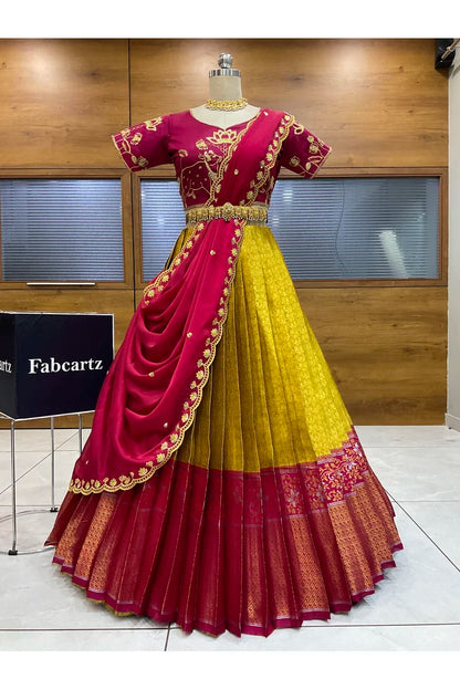 Beautiful South Indian Style Half Saree with Embroidery Blouse and Dupatta for Women | Gomati