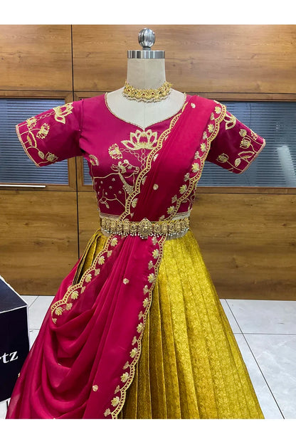 Beautiful South Indian Style Half Saree with Embroidery Blouse and Dupatta for Women | Gomati