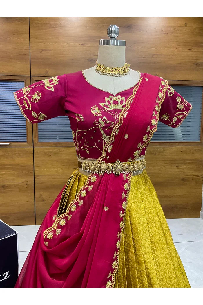 Beautiful South Indian Style Half Saree with Embroidery Blouse and Dupatta for Women | Gomati