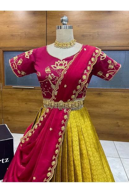 Beautiful South Indian Style Half Saree with Embroidery Blouse and Dupatta for Women | Gomati