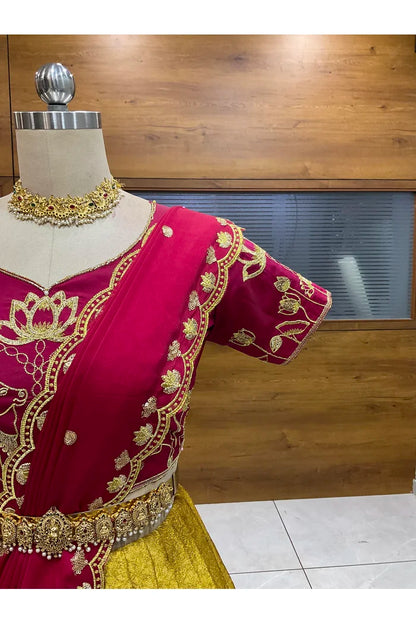 Beautiful South Indian Style Half Saree with Embroidery Blouse and Dupatta for Women | Gomati