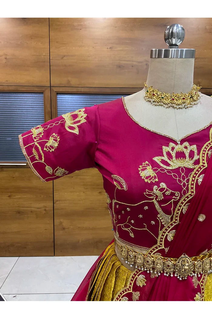 Beautiful South Indian Style Half Saree with Embroidery Blouse and Dupatta for Women | Gomati