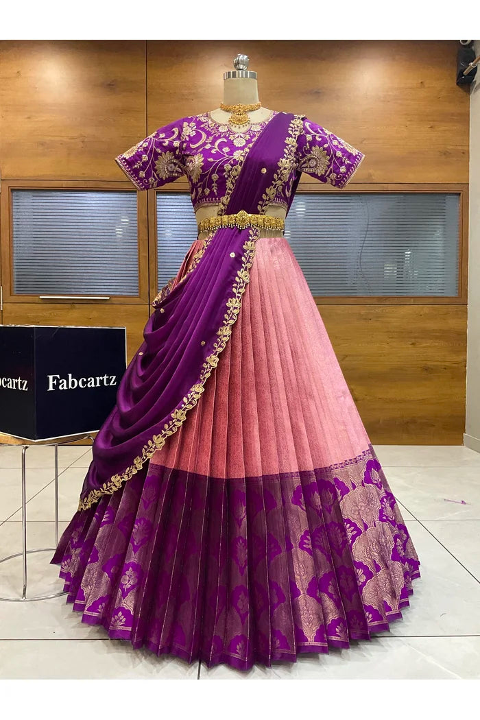 Beautiful South Indian Style Half Saree with Embroidery Blouse and Dupatta for Women |  Furina