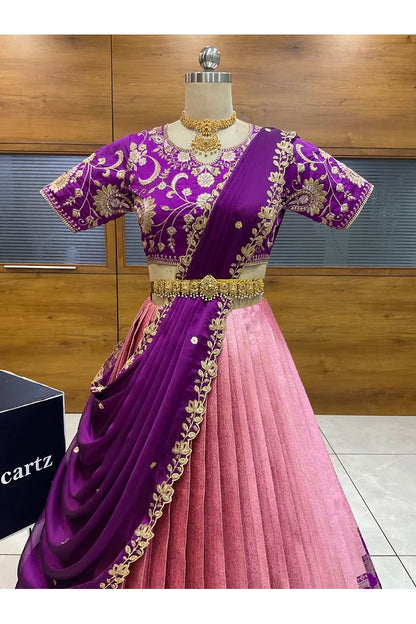 Beautiful South Indian Style Half Saree with Embroidery Blouse and Dupatta for Women |  Furina