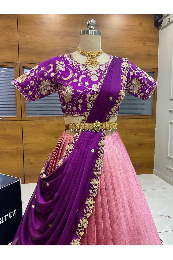 Beautiful South Indian Style Half Saree with Embroidery Blouse and Dupatta for Women |  Furina