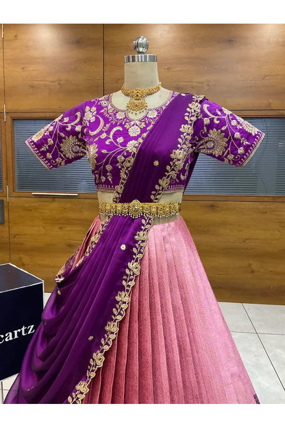 Beautiful South Indian Style Half Saree with Embroidery Blouse and Dupatta for Women |  Furina