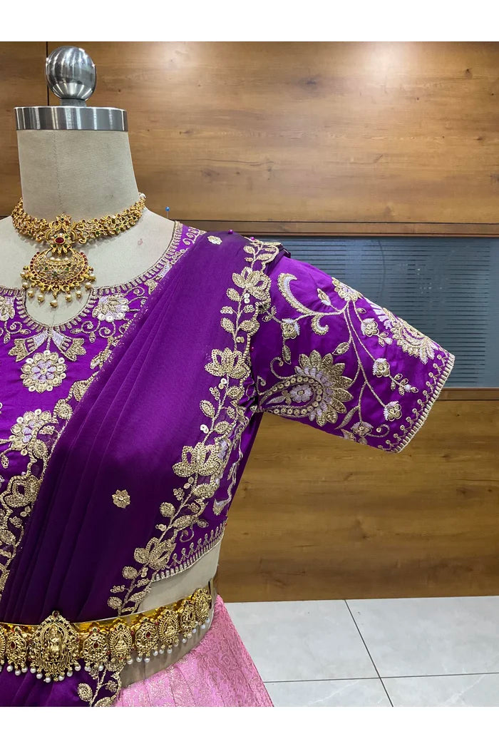 Beautiful South Indian Style Half Saree with Embroidery Blouse and Dupatta for Women |  Furina