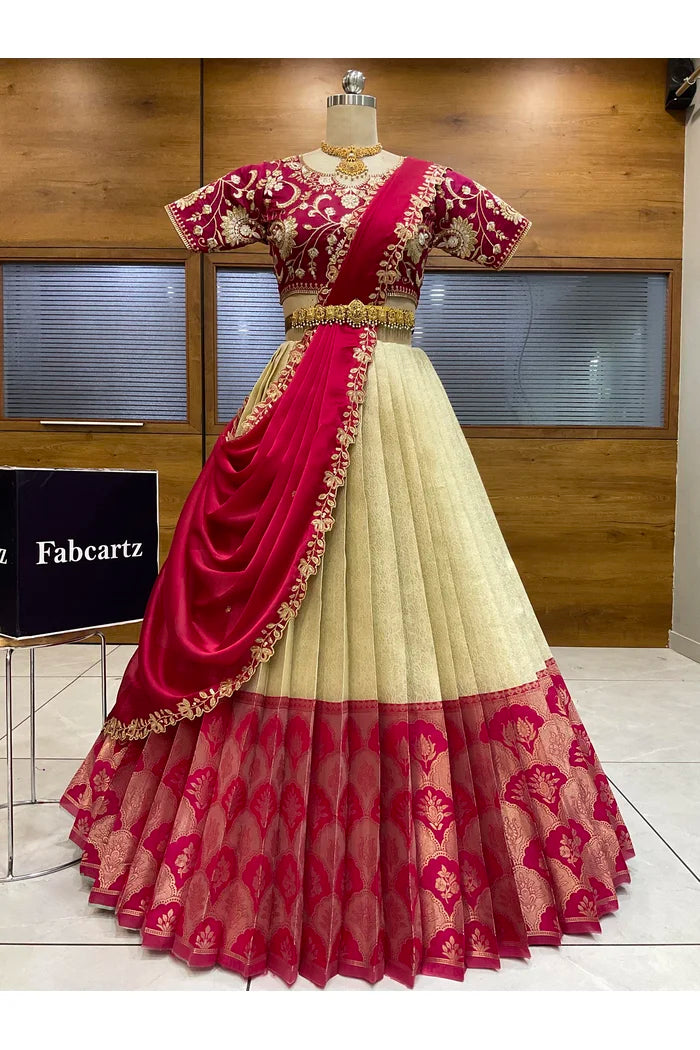 Beautiful South Indian Style Half Saree with Embroidery Blouse and Dupatta for Women |  Furina