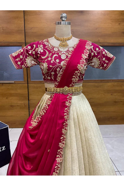 Beautiful South Indian Style Half Saree with Embroidery Blouse and Dupatta for Women |  Furina