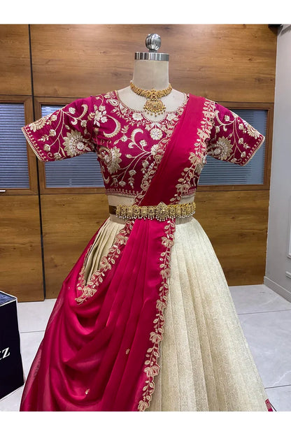 Beautiful South Indian Style Half Saree with Embroidery Blouse and Dupatta for Women |  Furina