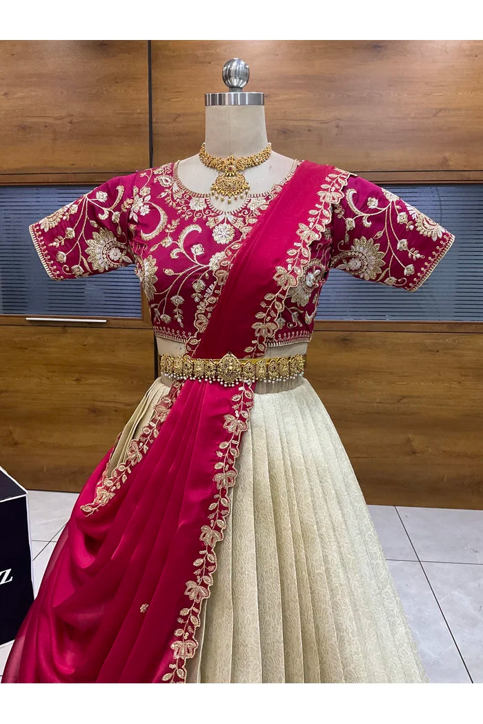 Beautiful South Indian Style Half Saree with Embroidery Blouse and Dupatta for Women |  Furina