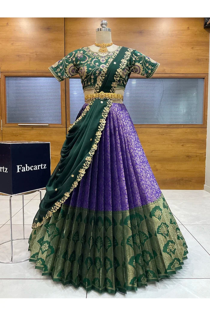 Beautiful South Indian Style Half Saree with Embroidery Blouse and Dupatta for Women |  Furina