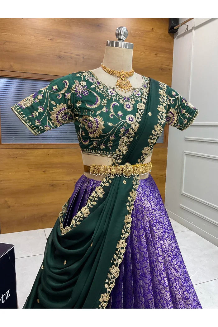 Beautiful South Indian Style Half Saree with Embroidery Blouse and Dupatta for Women |  Furina