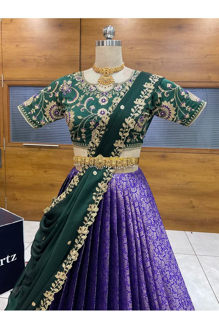 Beautiful South Indian Style Half Saree with Embroidery Blouse and Dupatta for Women |  Furina