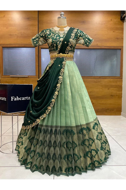 Beautiful South Indian Style Half Saree with Embroidery Blouse and Dupatta for Women |  Furina