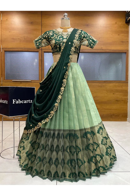 Beautiful South Indian Style Half Saree with Embroidery Blouse and Dupatta for Women |  Furina