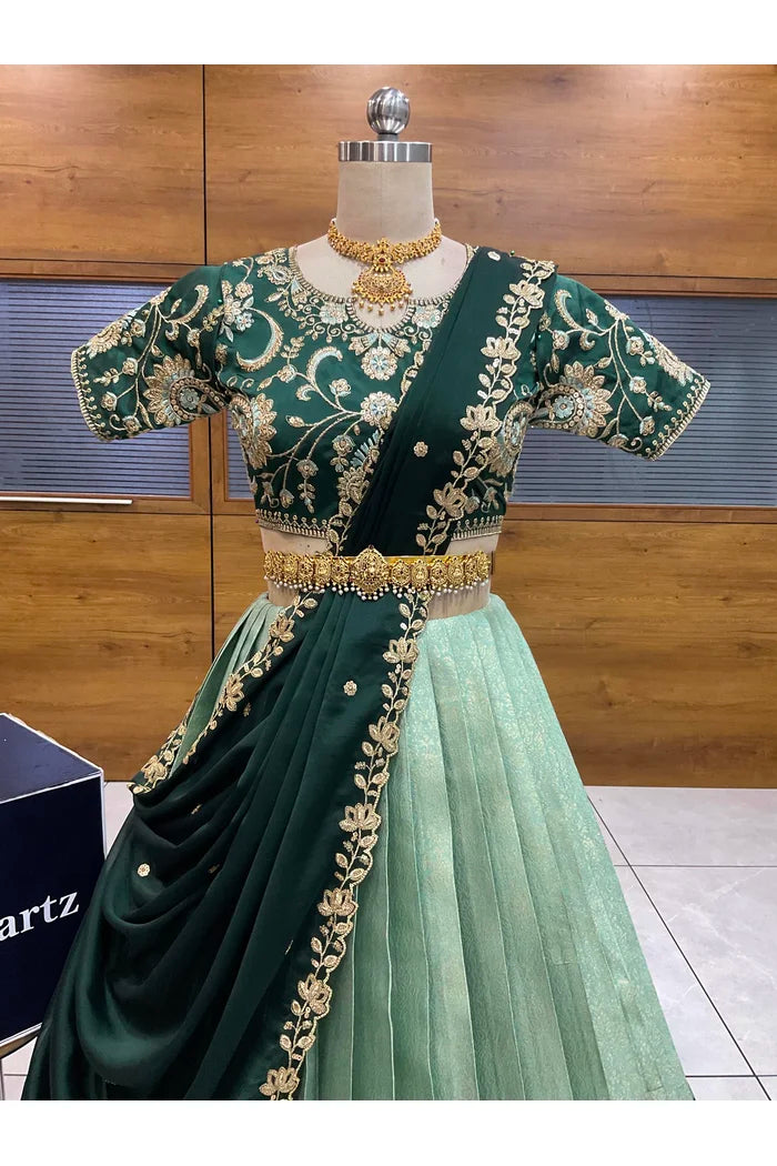 Beautiful South Indian Style Half Saree with Embroidery Blouse and Dupatta for Women |  Furina