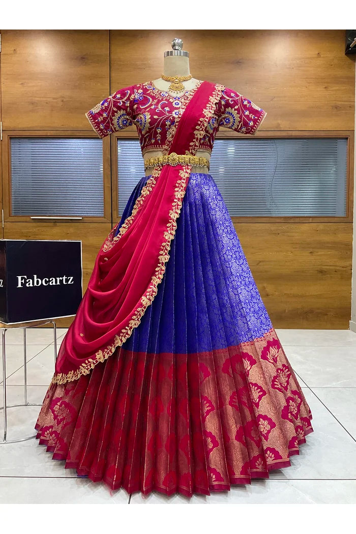 Beautiful South Indian Style Half Saree with Embroidery Blouse and Dupatta for Women |  Furina
