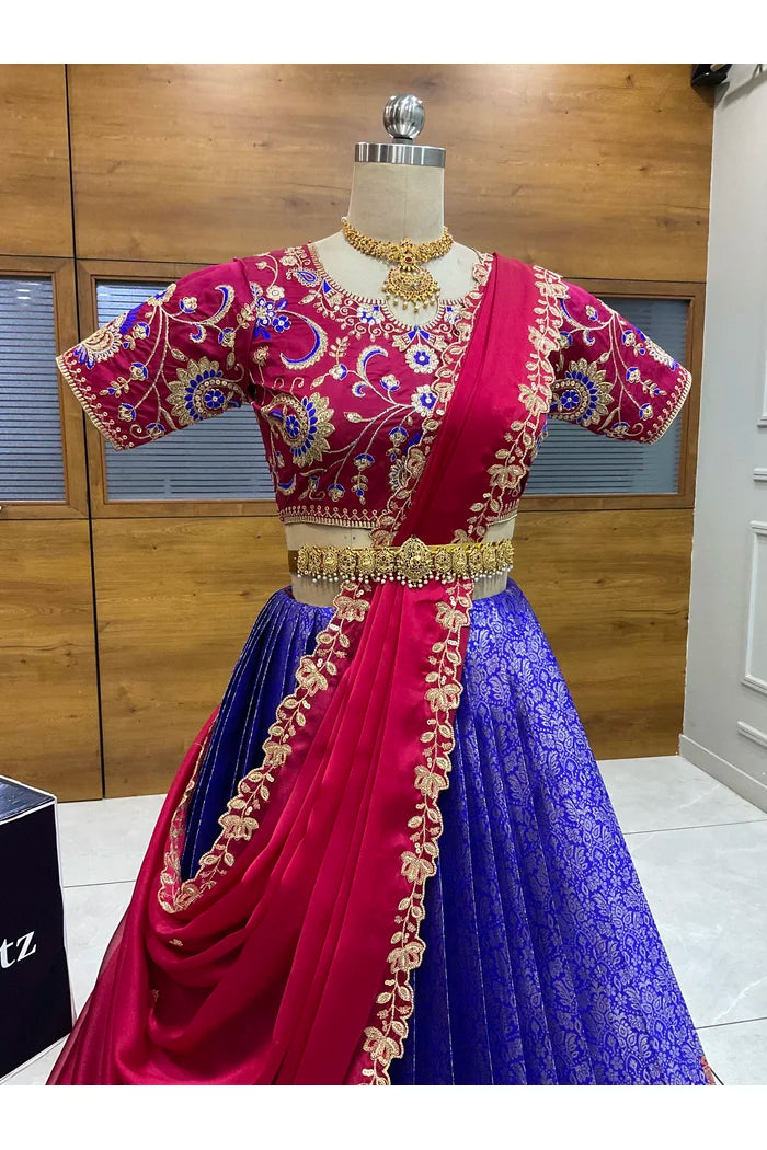 Beautiful South Indian Style Half Saree with Embroidery Blouse and Dupatta for Women |  Furina