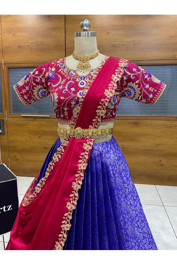 Beautiful South Indian Style Half Saree with Embroidery Blouse and Dupatta for Women |  Furina