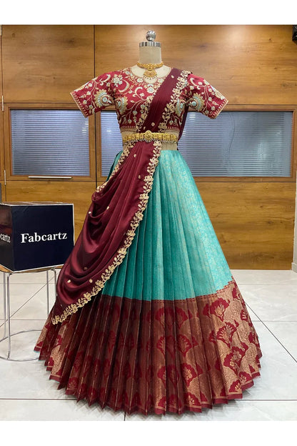 Beautiful South Indian Style Half Saree with Embroidery Blouse and Dupatta for Women |  Furina
