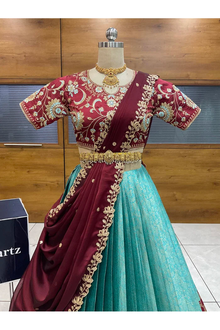 Beautiful South Indian Style Half Saree with Embroidery Blouse and Dupatta for Women |  Furina